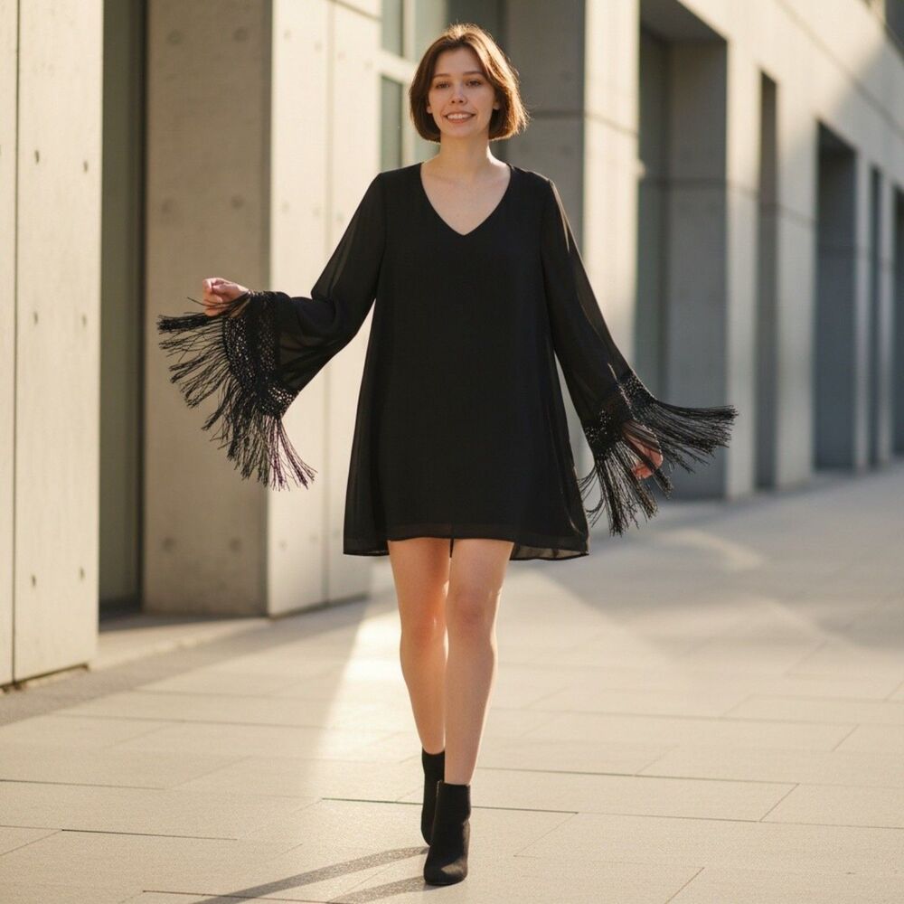 Dear Apple Black Chiffon V-Neck Shift Dress Boho Fringe Cuff Size Small